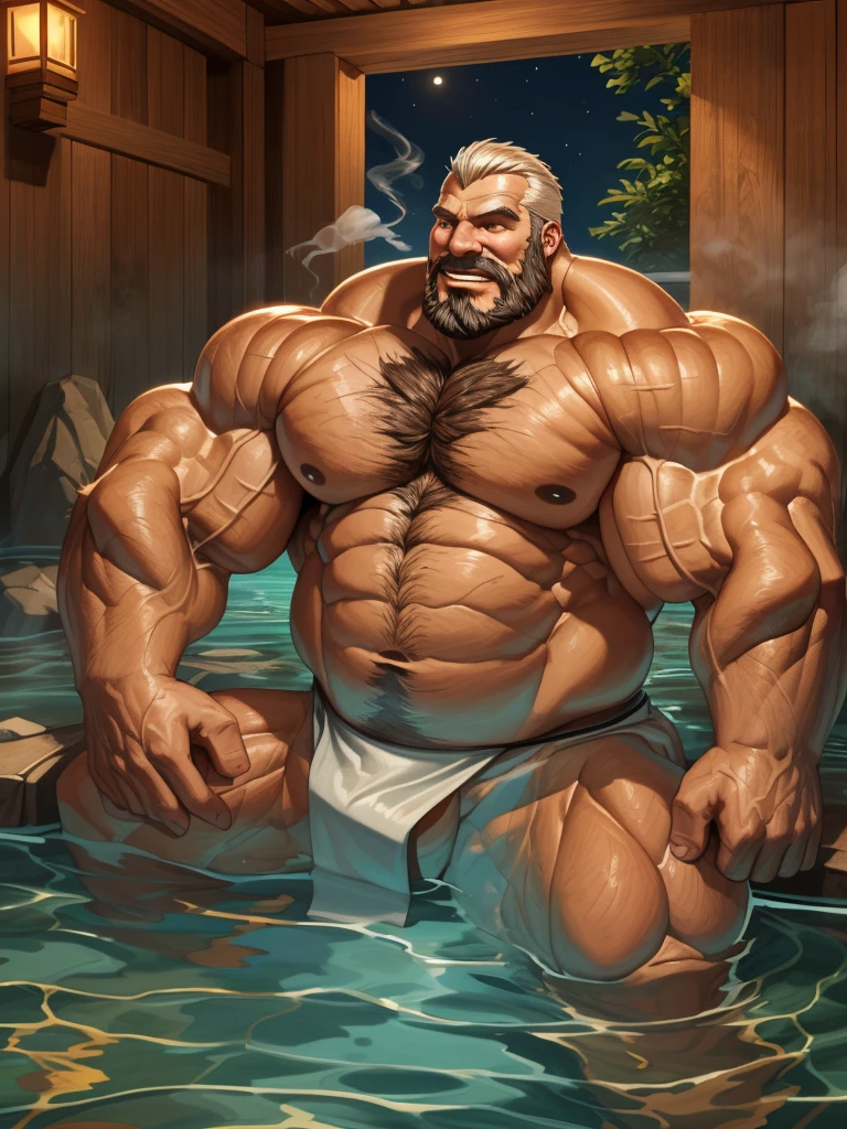 huge muscular old man dwarfs soaking in an open onsen, white and short hair, white beard, old, old man, grandpa, half submerged, huge scar on chest, scars, chest and pubic hair , (huge muscular), detailed muscles, 8k, masterpiece:1.2, hyperrealistic, white fundoshi:1.2, highly detailed full body, ((really big muscle, massive muscular, sixpack, thick arms, wide pectoral, super huge muscle, small head, huge shoulder, hyper muscular, submerged, floating steam, over sized muscle, huge arms, big arms, huge pectoral)), rich colors, serene atmosphere, hot spring, landscape, soft ambient lighting, wrinkled skin, happy expression, reflective water, peaceful relaxation