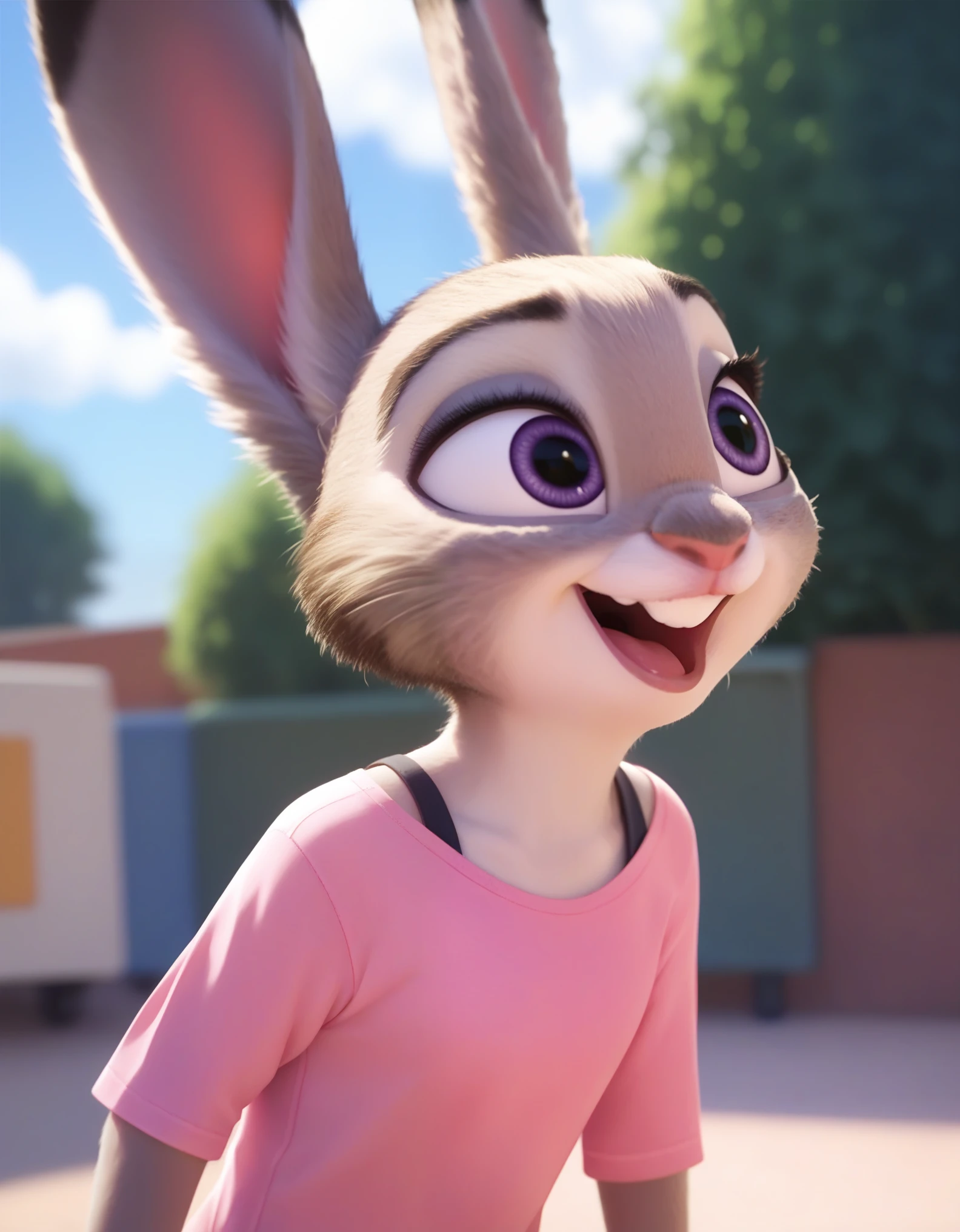 judyhopps happy, solo, pink shirt, jeans score_9, score_8_up, score_7_up, score_6_up, 