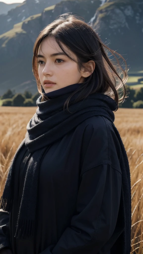 8k, best quality, masterpiece, realistic, ultra detail, photo realistic, Increase quality, 
a photo of a girl standing in a field with a scarf, in the style of dark and brooding designer, voluminous mass, photobash, serene faces, jagged edges, navy, natural beauty, close-up shot
