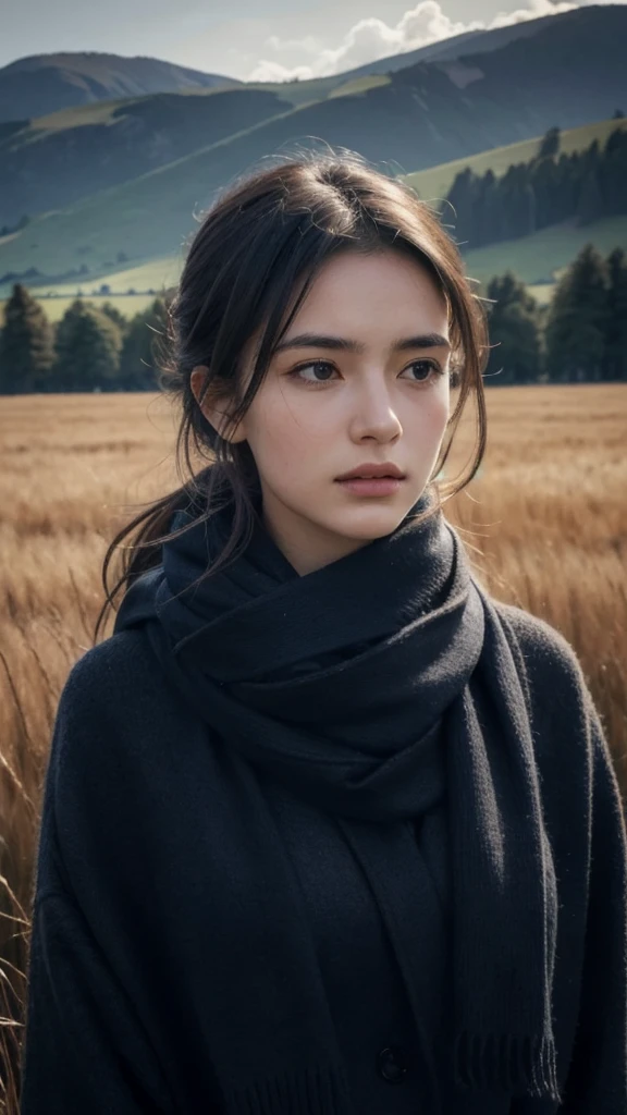 8k, best quality, masterpiece, realistic, ultra detail, photo realistic, Increase quality,
a photo of a girl standing in a field with a scarf, in the style of dark and brooding designer, voluminous mass, photobash, serene faces, jagged edges, navy, natural beauty, close-up shot