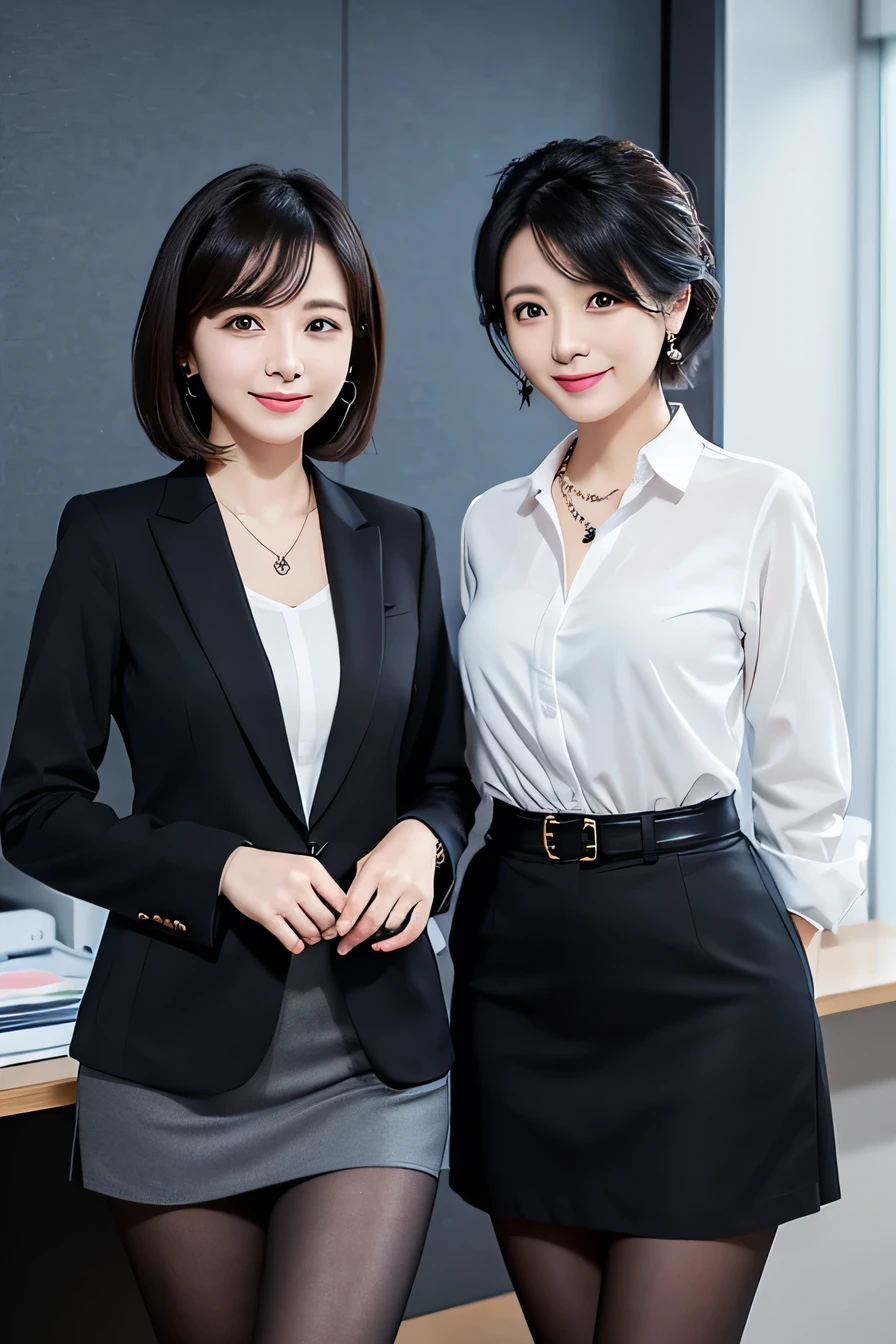 Beautiful young woman、Two women standing side by side in an office、 Black Hair、Necklace around the neck、Office Lady Suits、Jacket、Unbuttoned shirt、Knee-length skirt、tights、pumps、(Full body photo)、smile、short hair、Intricate details, Very detailed:1.2) 、 Looking into the camera,The background is the office、、Dark eyeliner、ear piercing