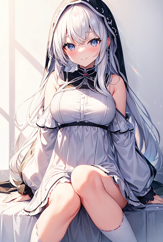 ((Highest quality)), ((masterpiece)), ((Very detailed)), (Very mature),A cute high school girl with a gentle look, white hair and about 165cm tall.,A female high school student with big breasts and a cute smile wearing a transparent black waifus with a cute patterned hood that shows off her shoulders, 顔が若干縦方向に長いbright笑顔の女性,Small Faced Woman,alone, Cute attitude,(background(bright),Long Hair - Straight,Knee-high socks、A transparent white veil with a cute pattern and a hood with white off-the-shoulders,White wall、Sitting、Facing the viewer、縁に模様がある壁が1面のbackground