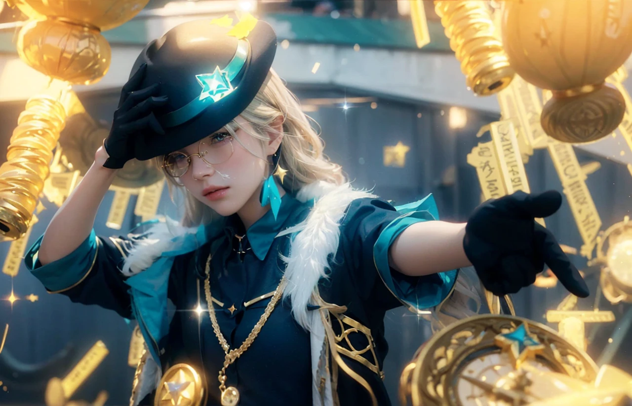 ((AVENTURINE_HONKAI STAR RAIL)),((realistic, photorealistic)),(highlight hair)), Light reflection, (( HD )),((upper body)), (((best quality, masterpiece))), (masterpiece) (best quality) (detail) (8k) (HDR) (wallpaper) (cinematic lighting) (sharp focuasterpiece, best quality: 1.1), Real life adaption of this character, Shining green eyes, realistic outfit, realistic shadow, realistic light, realism, hyper realistic, realistic background,Realistic hair, realistic hair at the back,(photorealistic:1.2), 1man,Holding a hat, Black gloves, blinks, falling gold coins, glow effect,wearing glasses, glow effect,