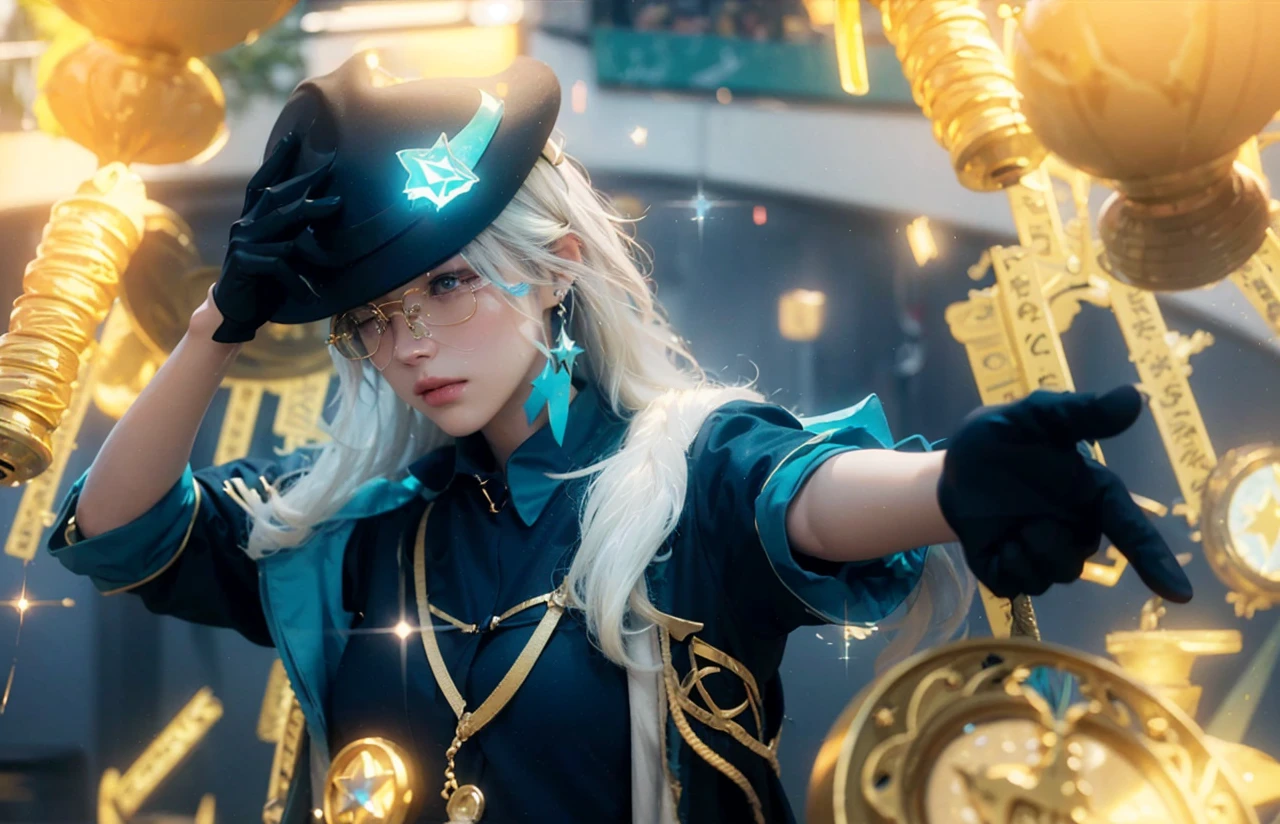 ((AVENTURINE_HONKAI STAR RAIL)),((realistic, photorealistic)),(highlight hair)), Light reflection, (( HD )),((upper body)), (((best quality, masterpiece))), (masterpiece) (best quality) (detail) (8k) (HDR) (wallpaper) (cinematic lighting) (sharp focuasterpiece, best quality: 1.1), Real life adaption of this character, Shining green eyes, realistic outfit, realistic shadow, realistic light, realism, hyper realistic, realistic background,Realistic hair, realistic hair at the back,(photorealistic:1.2), 1man,Holding a hat, Black gloves, blinks, falling gold coins, glow effect,wearing glasses, glow effect,