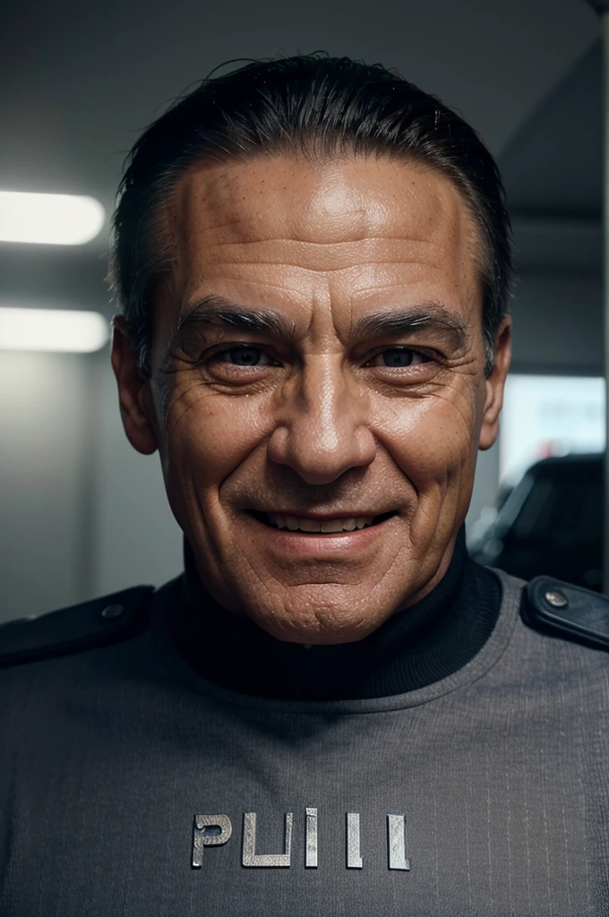 a shirtless muscular 85 year old policeman smiling, detailed face, detailed eyes, detailed skin texture, extremely detailed, photorealistic, 8k, best quality, high resolution, studio lighting, dramatic lighting, cinematic, dramatic pose, police uniform, gritty urban setting
