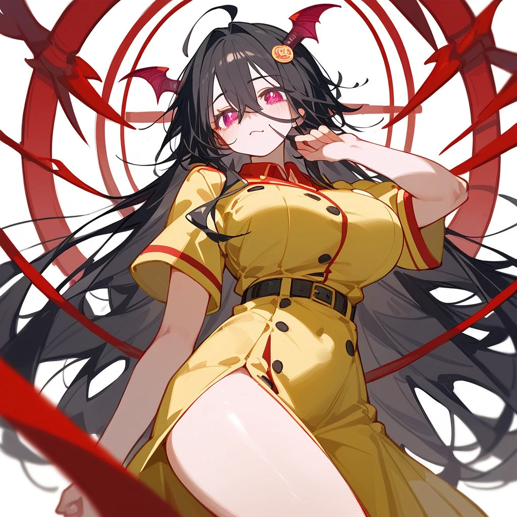 One Woman、Big Breasts、Black Hair、Long Hair、Straight Hair、Ahoge、high school student、Devilish、Magenta Eyes、Yellow Uniform