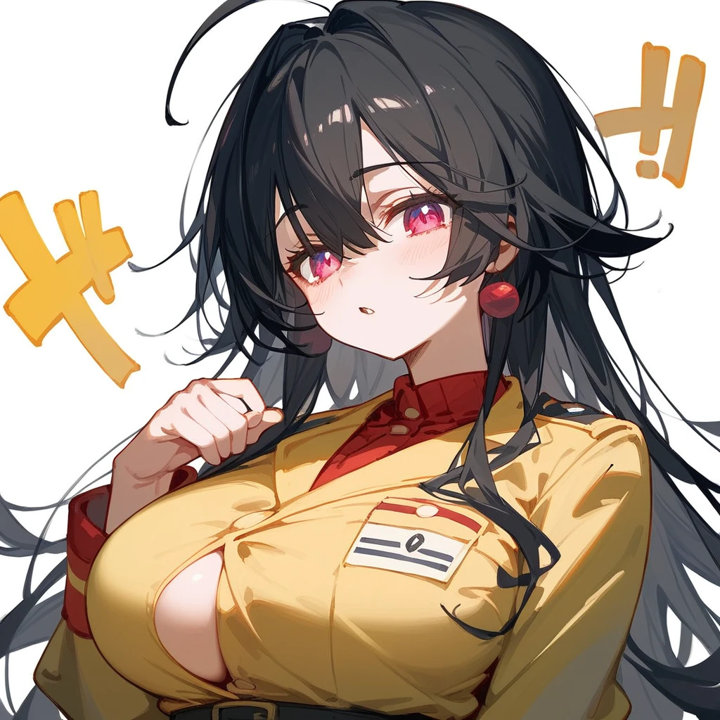 One Woman、Big Breasts、Black Hair、Long Hair、Straight Hair、Ahoge、high school student、Devilish、Magenta Eyes、Yellow Uniform