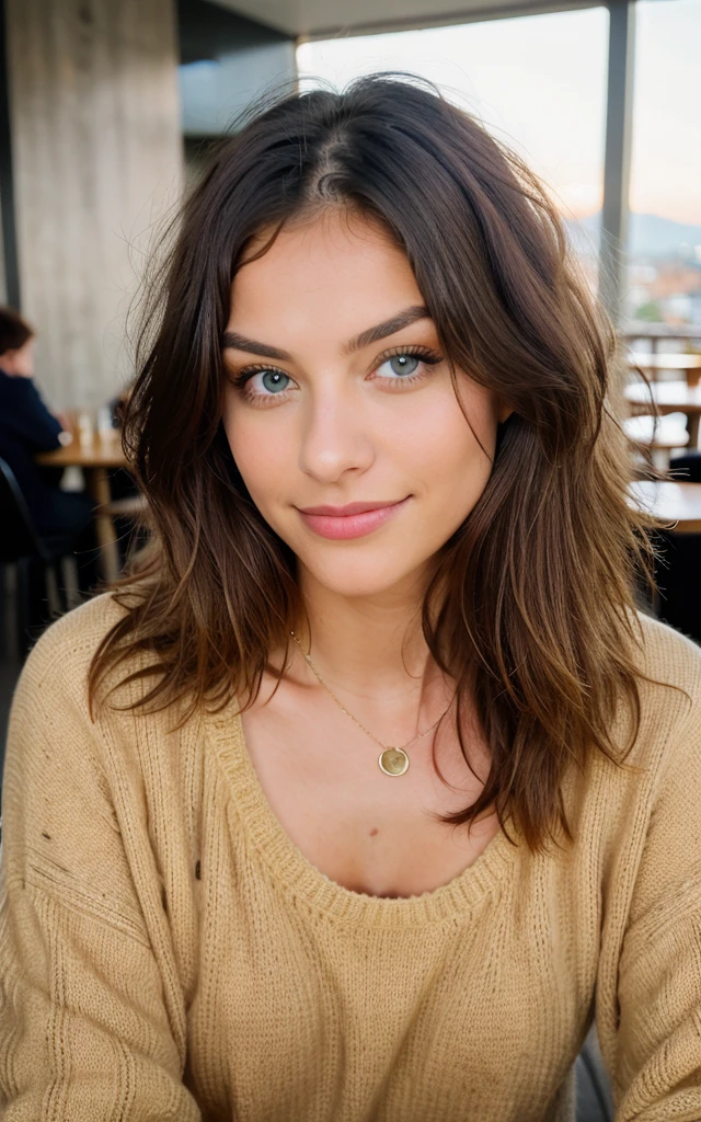 Cute beautiful blonde with yellow sweater (Drinking coffee in a modern café at sunset), muito detalhado, 14years old, innocent face, naturally wavy hair, blue eyes, high-res, ​masterpiece, best qulaity, Intricate detailing, muito detalhado, sharp focus, detailed skin, realistie Hauttextur, Textur, detailled eyes, professional, 4K, charming smile, taken with Canon, 85 mm, light depth of field, Kodak Vision Color, perfectly fitting body, extremely detail, photoshot_\(ultra\), fotorealisti, realisti, Post processing, maximum details, roughness, real life, ultrarealisti, photoshotrealismus, photoshotgrafie, 8K  UHD, photoshotgrafie