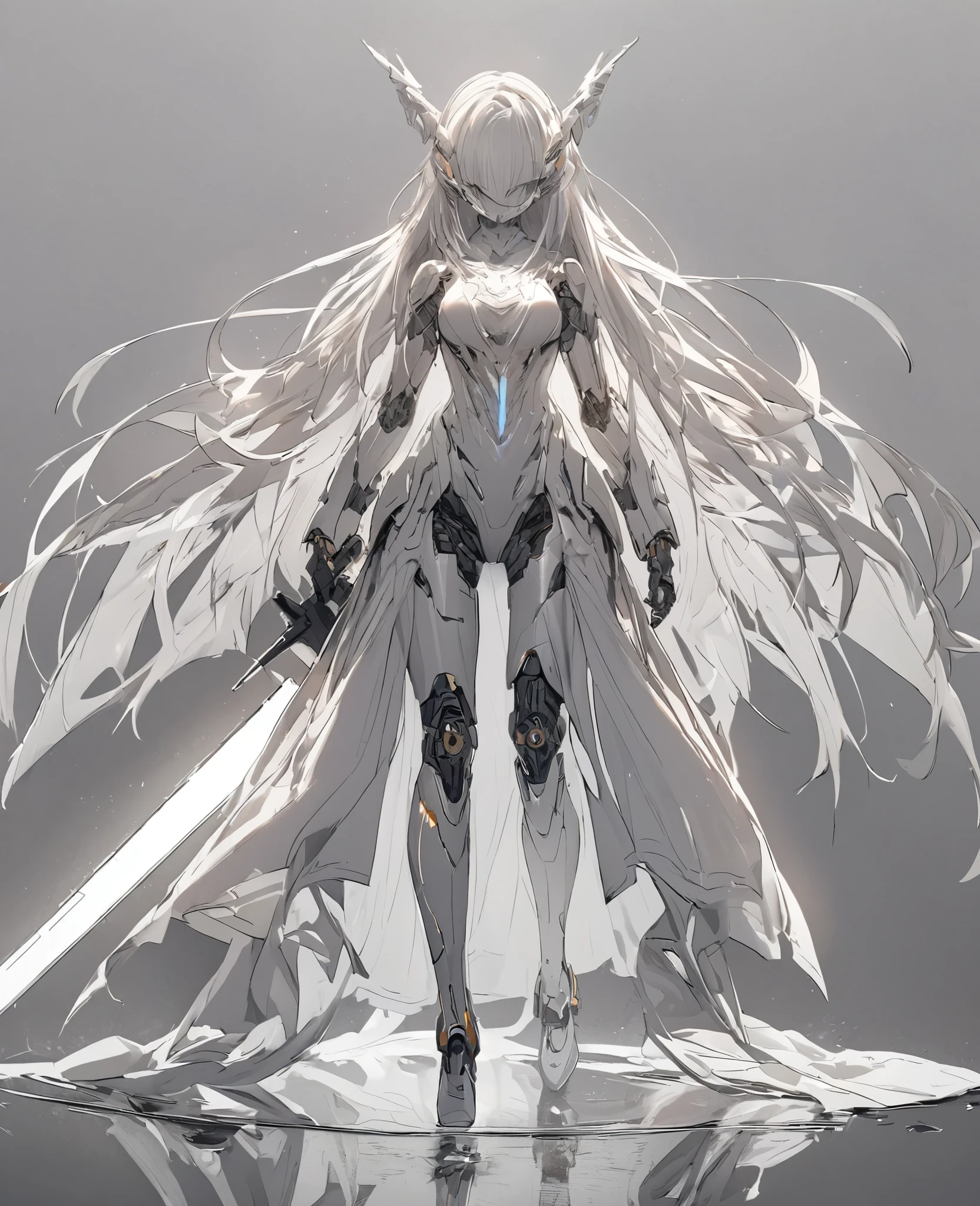 Engineering Drawings, Thin line pen drawing, dark, Futuristic silhouette of a white dragon cyborg girl, whole body, Long flowing coat, Wields a giant greatsword with a mechanical blade, Standing on a reflective surface against a minimalist light grey background