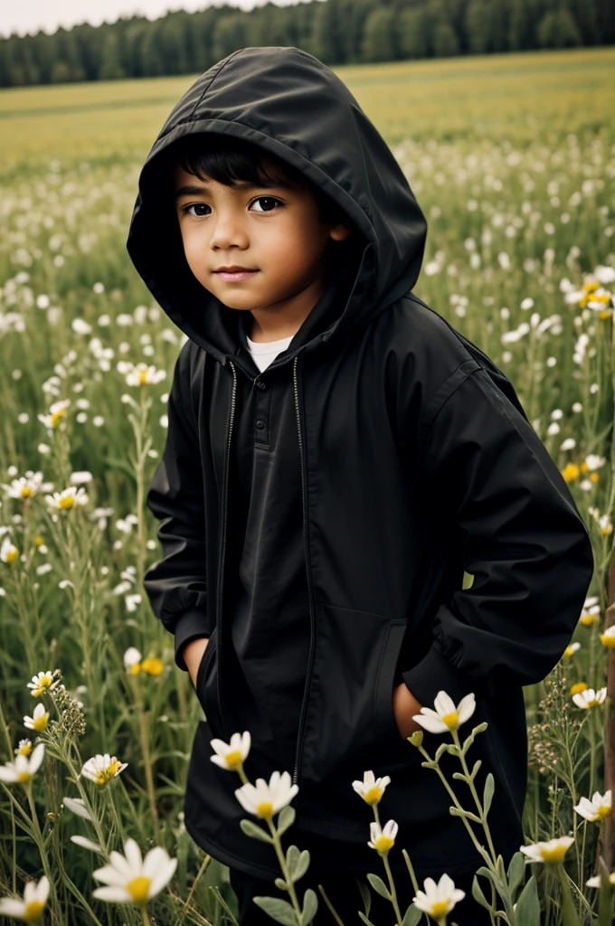 Boy in black hooded jacket in a field of flowers