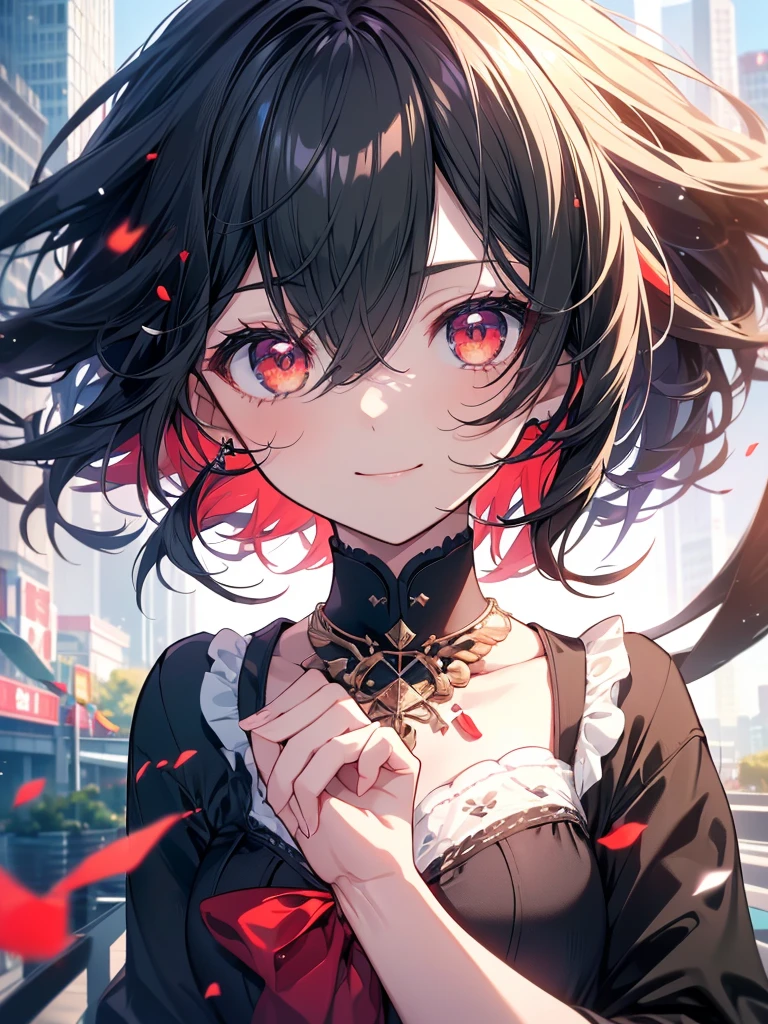 (masterpiece, highest quality, highest quality, (No text), Beautiful and aesthetic:1.2),No text,アニメ、BREAK,One Girl,Black Hair Girl Tree Eyes Beautiful eyes Red eyes cool smile Red and Black mini skirt Whole body Night in the city