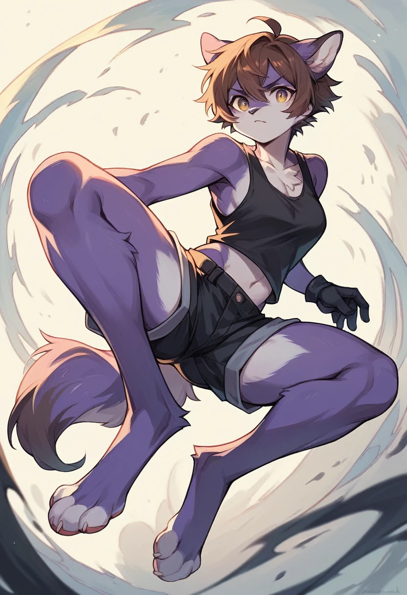make a picture of a character with digitigrade legs, short brown hair, wearing black shorts, a black tank top, black gloves, make it in an anime style, give her a dynamic pose, give her legs and arms purple fur with white paws