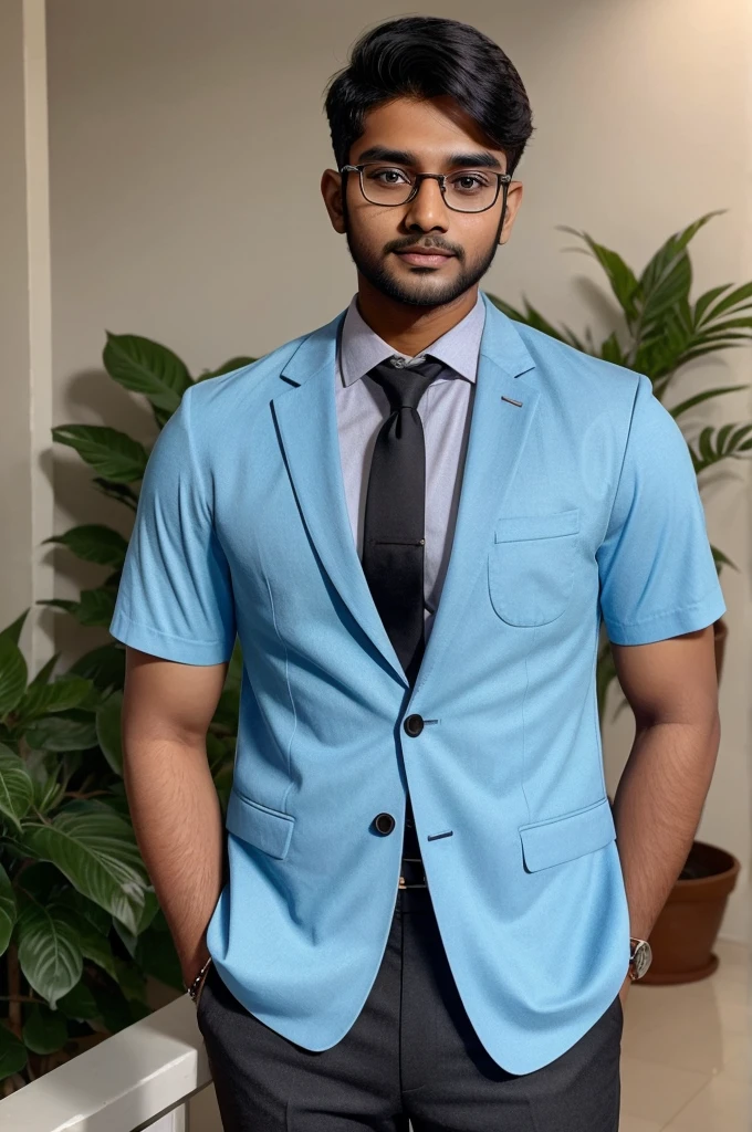 21 year old indian boy With fair skin Wearing small spectacles and medium body Posing for a linkedin picture in formals with short beard and black short hairs