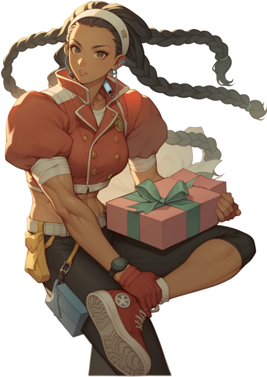 score_9,score_8_superior,score_7_superior,score_6_superior, sauce_Anime Women, Kimberly Jackson, Dark Skin, Long black hair, Brown eyes, Braiding,Multicolored Hair, Puffy sleeves,Red gloves, Cropped Red Jacket, Toned Up, Low Leg, watch, Hip vents, earphone, Yellow hair band, Tight black pants, earphone, arm wrap, View your viewers, Severe,
Are standing, Hands on hips, outside, alley, city, at night, Gift box in hand、Gazing into the distance、Serious expression
