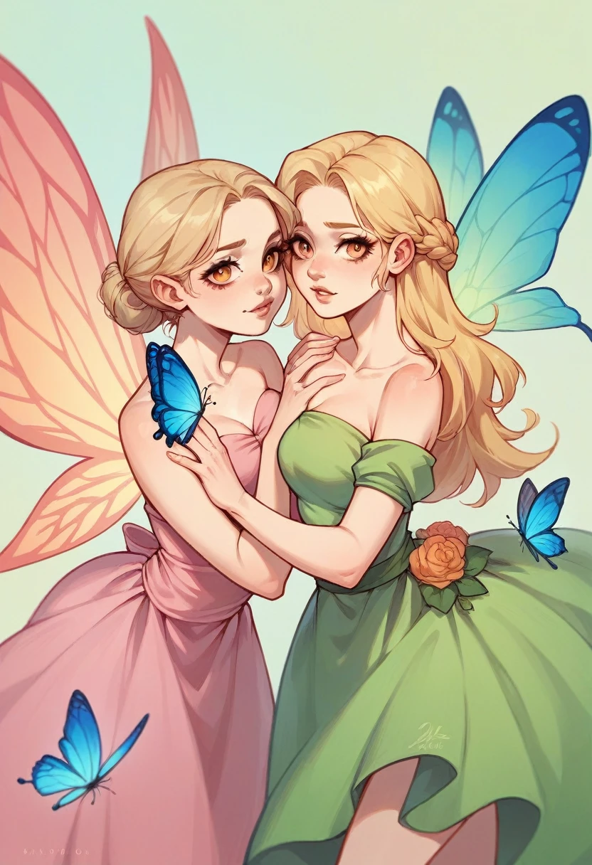 neck-length blonde hair, big amber eyes and long, thin eyelashes, pink fairy wings, Elaine wore a single white one-piece strapless dress tied together with a butterfly knot at the back.  who look like a  despite her 1000 year