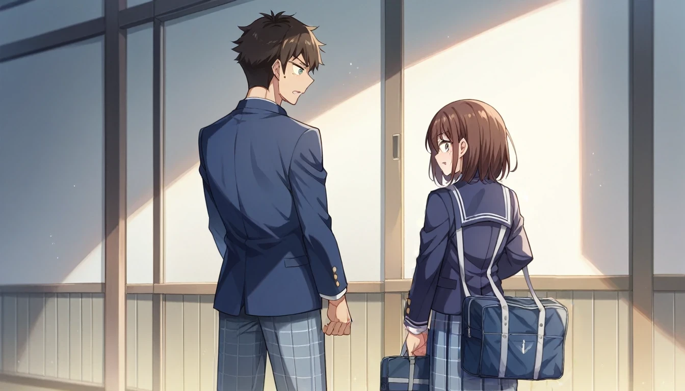 Portrait、512、Two men and women、High School Girl A(Medium hair with black hair、Canine、Tear mole on left eye、White and navy blue sailor suit、holding school bag in hand、Looking back at the high school boy)、High School Boy B(Brown Hair、High School Girl Aより背が高い、Navy blue blazer、Checked trousers、Back view、I can&#39;t see your face）、On the way home at dusk