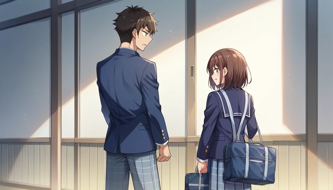 Portrait、512、Two men and women、High School Girl A(Medium hair with black hair、Canine、Tear mole on left eye、White and navy blue sailor suit、holding school bag in hand、Looking back at the high school boy)、High School Boy B(Brown Hair、High School Girl Aより背が高い、Navy blue blazer、Checked trousers、Back view、I can't see your face)、On the way home at dusk