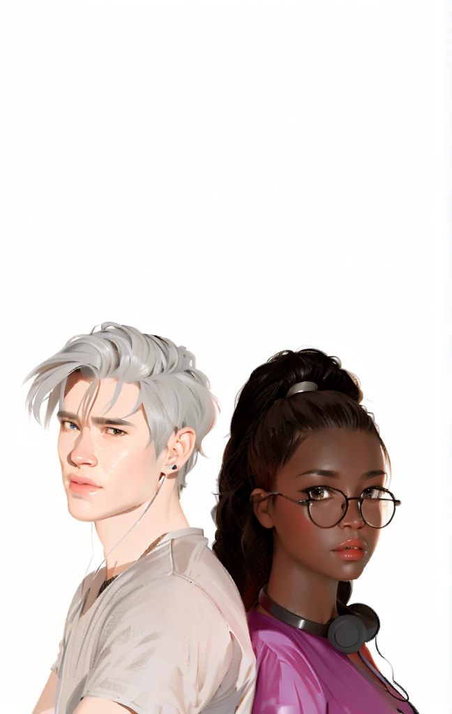 there are two people that are standing next to each other, medium shot of two characters, official fan art, official fanart, mostly greyscale, high quality fanart, characters merged, realistic artstyle, random characters, two characters, halfbody portrait, realistic shaded, in the art style of bowater, solo portrait ๐จ๐๏ธ, random background scene