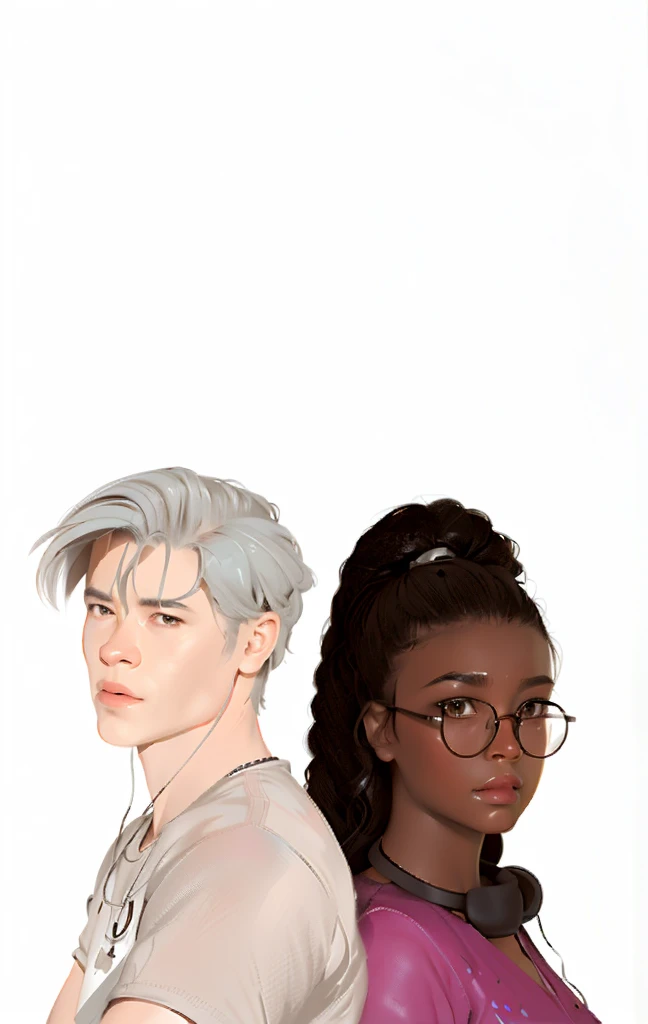 there are two people that are standing next to each other, medium shot of two characters, official fan art, official fanart, mostly greyscale, high quality fanart, characters merged, realistic artstyle, random characters, two characters, halfbody portrait, realistic shaded, in the art style of bowater, solo portrait 🎨🖌️, random background scene