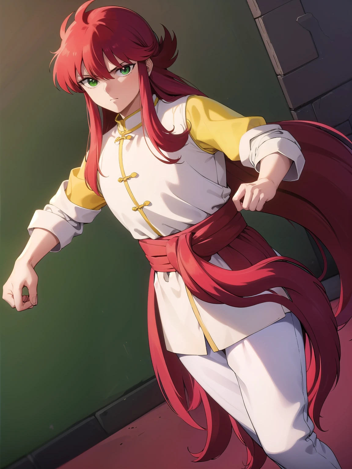 kurama, kurama, long hair, red hair, bangs, (green eyes:1.5), (retro artstyle:1.5), 1990s \(style\),
BREAK long sleeves, pants, chinese clothes, white pants, (yellow shirt:1.5), (white sleeves:1.5), (pelvic curtain:1.2), sash, sleeveless shirt,
BREAK (((Hell background)))
BREAK looking at viewer, cowboy shot,
BREAK (masterpiece:1.2), best quality, high resolution, unity 8k wallpaper, (illustration:0.8), (beautiful detailed eyes:1.6), extremely detailed face, perfect lighting, extremely detailed CG, (perfect hands, perfect anatomy),