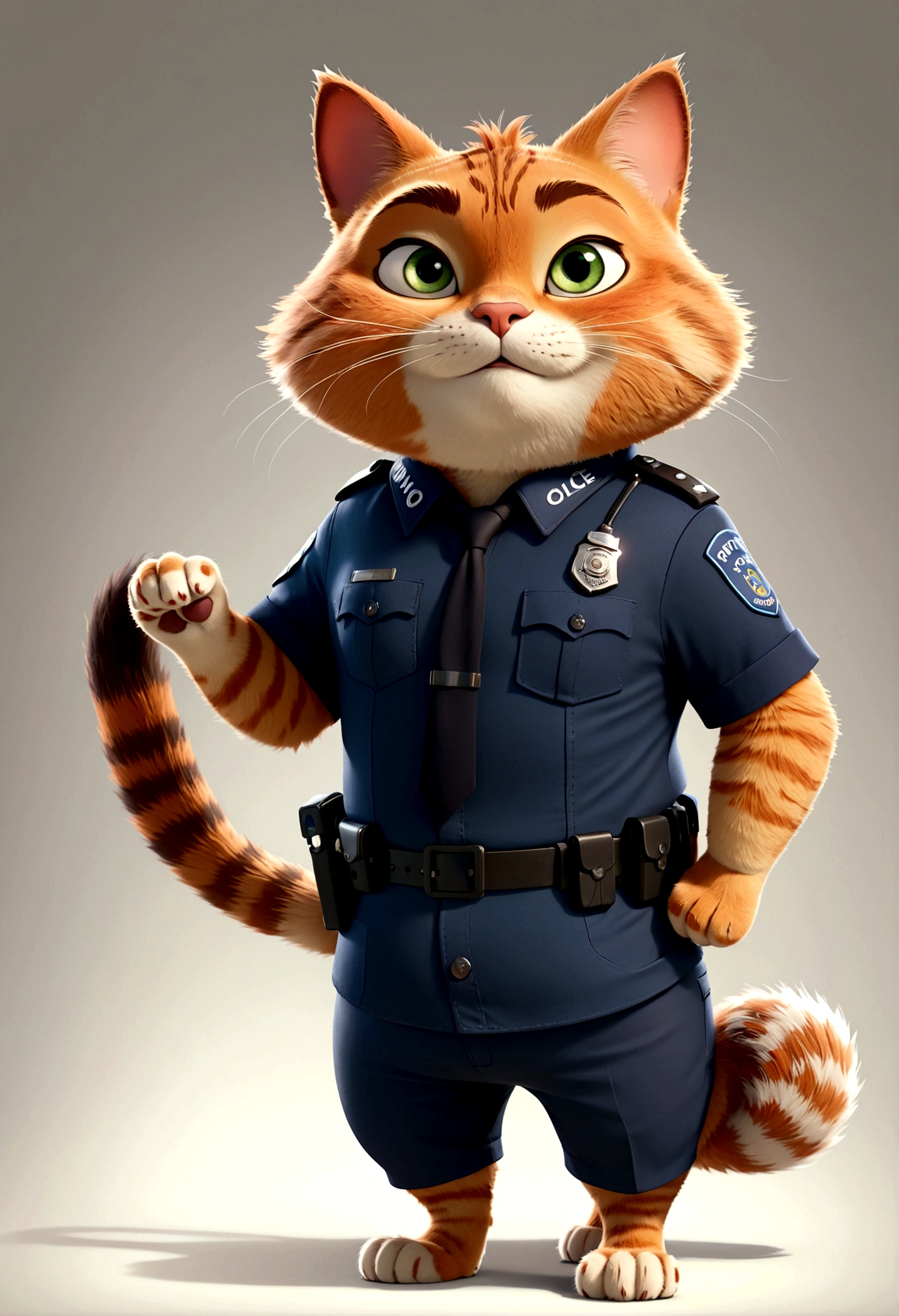 独奏，Cat in police costume，Cat standing,Chubby， Zootopia style, movie Features, Zootopia movie style, Zootopia style, looking heckin cool and stylish, in Zootopia style, 迪士尼疯狂Zootopia style, mob_Features: cat stylized, Anthropomorphic smart cat, Multiple poses and expressions, 4 positions, whole body, White background, Shorty 