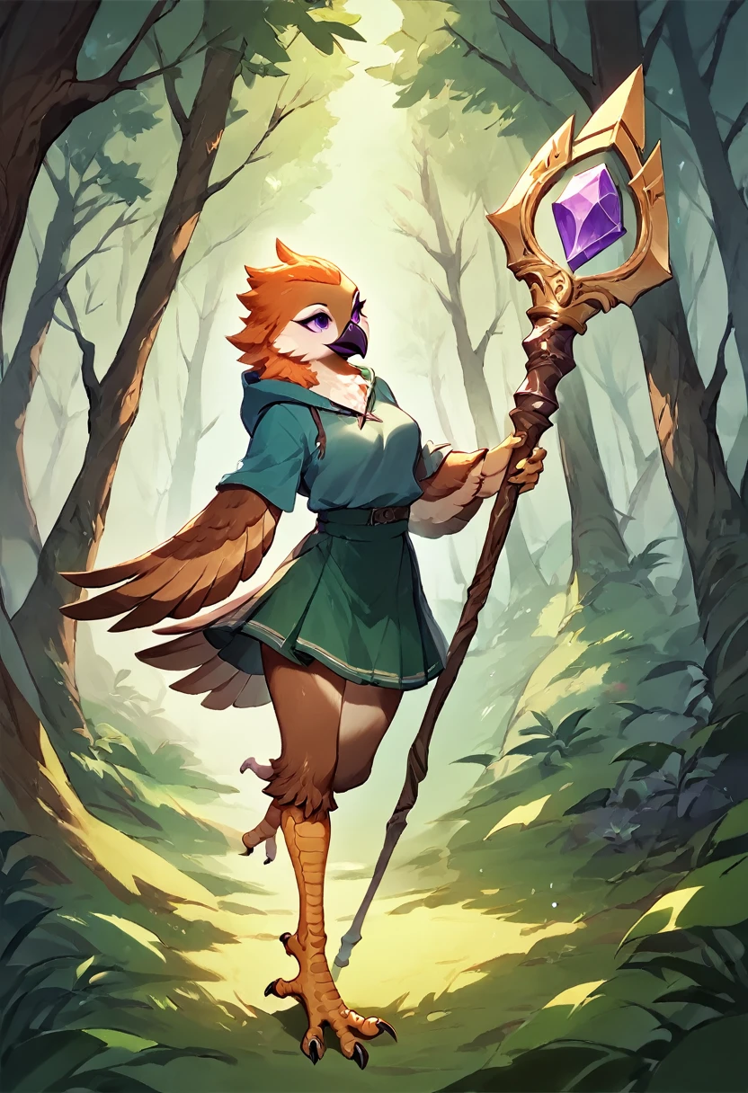 score_9, score_8_up, score_7_up, score_6_up, score_5_up, score_4_up, (solo), female anthro eagle avian, solo, forest, long length orange hair, purple eyes, beige feathers, beak, avian, mage, staff, avian feet, skirt