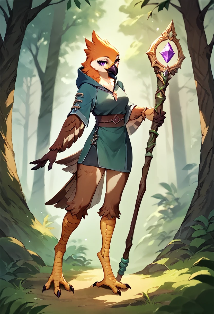 score_9, score_8_up, score_7_up, score_6_up, score_5_up, score_4_up, (solo), female anthro eagle avian, solo, forest, long length orange hair, purple eyes, beige feathers, beak, avian, mage, staff, avian feet, skirt