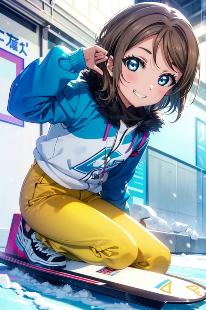 Yo Watanabe, Watanabe Yo, short hair, blue eyes, Brown Hair, smile, Grin,Yellow Wear、Outerwear is blue、Red trousers),sneakers,snow boardの上に乗ってスキー場を滑っている,(((Gliding from the summit)))、Ski resort on a sunny day、snow board、(((女の子が坂道をsnow boardで下っている)))(((snow boardを着る)))、whole bodyがイラストに入る,
break ourdoors, Snow Mountain,
break looking at viewer, whole body,
break (masterpiece:1.2), Highest quality, High resolution, unity 8k wallpaper, (figure:0.8), (Beautiful attention to detail:1.6), Highly detailed face, Perfect lighting, Highly detailed CG, (Perfect hands, Perfect Anatomy),