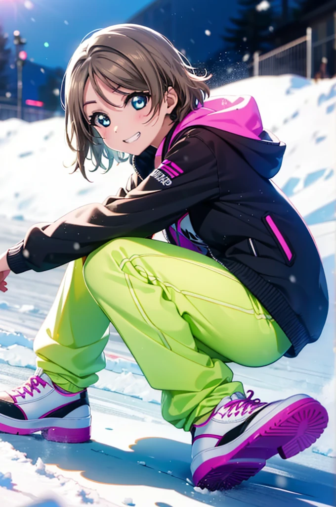 Yo Watanabe, Watanabe Yo, short hair, blue eyes, Brown Hair, smile, Grin,Yellow Wear、Outerwear is blue、Red trousers),sneakers,snow boardの上に乗ってスキー場を滑っている,(((Gliding from the summit)))、Ski resort on a sunny day、snow board、(((女の子が坂道をsnow boardで下っている)))(((snow boardを着る)))、whole bodyがイラストに入る,
break ourdoors, Snow Mountain,
break looking at viewer, whole body,
break (masterpiece:1.2), Highest quality, High resolution, unity 8k wallpaper, (figure:0.8), (Beautiful attention to detail:1.6), Highly detailed face, Perfect lighting, Highly detailed CG, (Perfect hands, Perfect Anatomy),