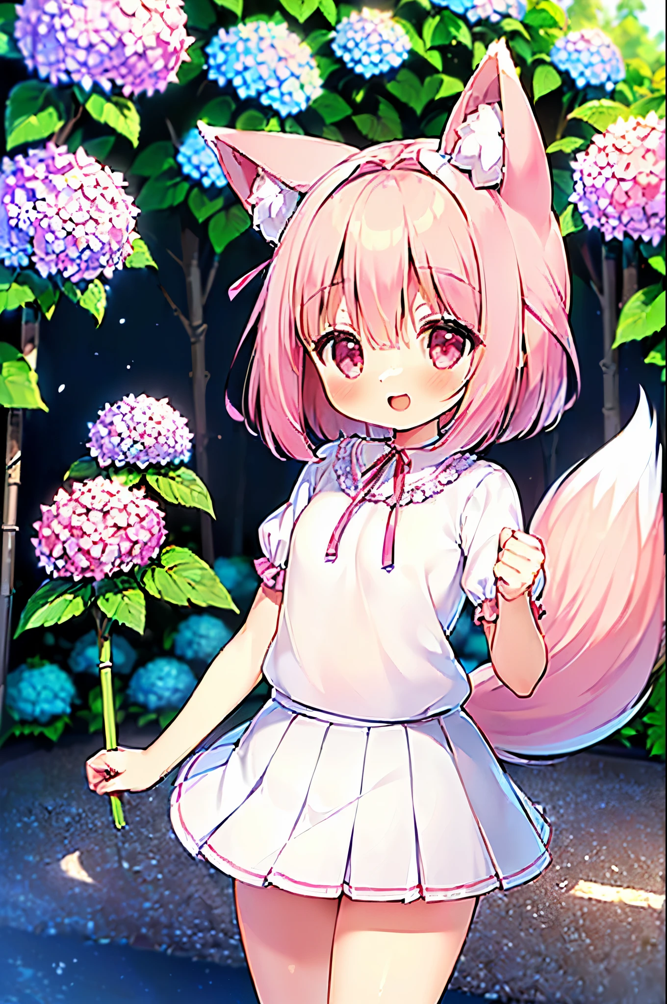 (((masterpiece))), (((最high quality))), (((high quality))), (((beautiful))), (((8K))), (((High resolution)) (((超High resolution))), (((High resolution))), (((Great illustrations))), (1 girl:1.4), (Pink Short Hair:1.3), (Pink fox tail:1.5), (Pink fox tail:1.3), Pink fox ears, (Pink Eyes), (Very small breasts:1.5), (Ultra-flat chest:1.4), (Cowboy Shot:1.3), (Cowboy Shot:1.4), (laughing:1.3), (Short sleeve:1.3), (ribbon:1.5), (Super cute blouse:1.6), (Standing on a park sidewalk:1.4), (White pleated skirt:1.5), (Hydrangea:1.4)