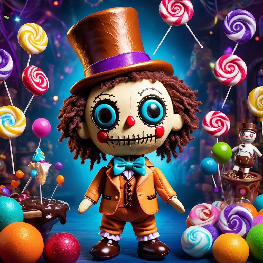 (knitted toy voodoo doll:1.7), (Voodoo Willy Wonka:1.4), (Clothing: colorful suit with glowing candy symbols:1.0), (Accessories: enchanted cane emitting sparks of confectionery magic, levitating spectral candies:1.1), (background: magical chocolate factory with floating sweets, glowing rivers, and spectral Oompa-Loompas:1.2), best quality, masterpiece, detailed soft oil painting, detailed background, dramatic cinematic lighting, soft edge lighting, professional, dramatic lighting, hard edge lighting, ultra quality, 4k, masterpiece, best quality, 8k, ultra high definition, high resolution, extremely detailed