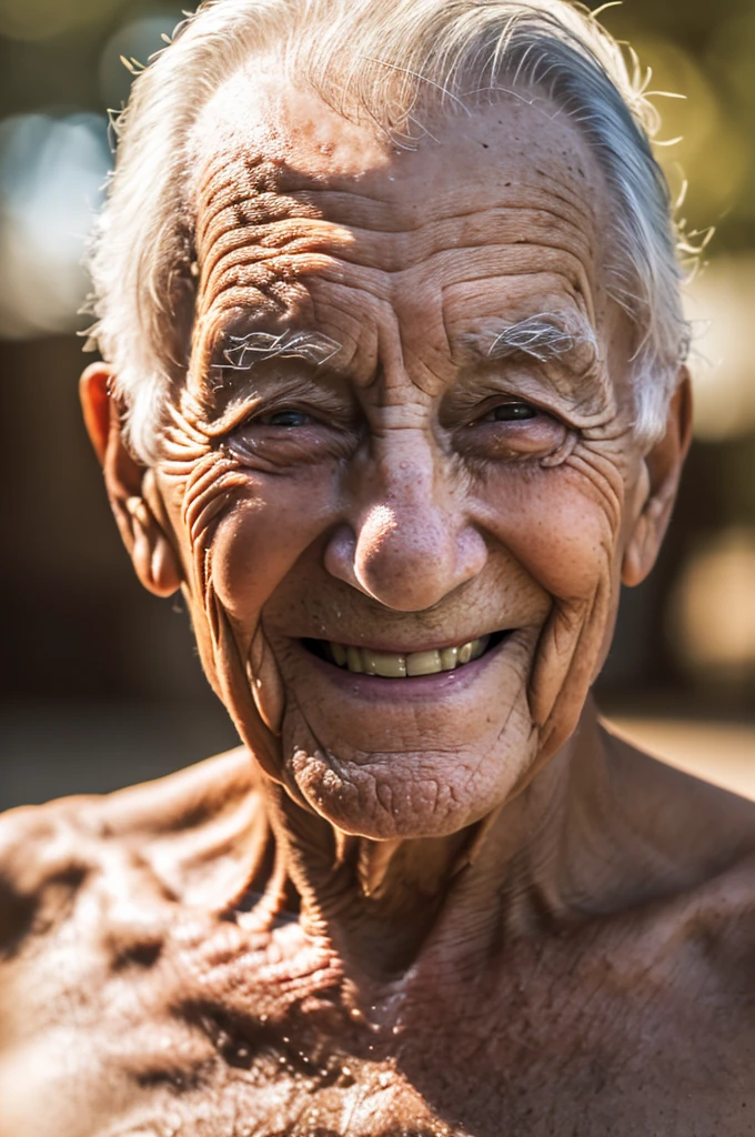 a shirtless elderly man, 85 years old police officer, smiling, detailed face, detailed wrinkles, extremely detailed eyes and face, long eyelashes, muscular physique, (best quality,4k,8k,highres,masterpiece:1.2),ultra-detailed,(realistic,photorealistic,photo-realistic:1.37),portrait,realism,warm color tones,natural lighting