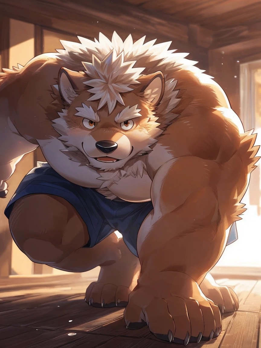 kneel chubby polar bear dad t pose , floating severed hand in the back pulling down zip , metal zip on the neck , naked white briefs jeans , detailed white feet five toes with white sock, profile, evil smug blush sweating , kemono , high quality , by rossciaco ( rear view) ,