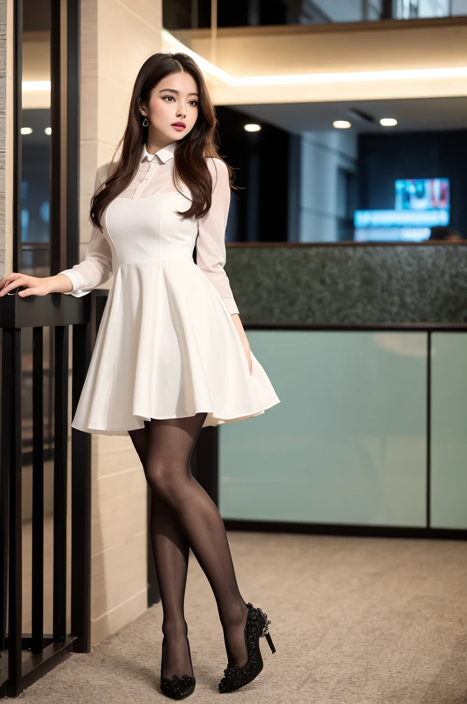(((masterpiece))), (((Highest quality: 1.4))), ((Very detailed: 1.4)) , ulzzang-6500-v1.1, (RAW Photos:1.2), (Photorealistic), (Genuine:1.4), Sharp focus、Gorgeous celebrity beauty、(Elegant long dress、A dress with a deep side slit、Ultra-realistic pantyhose、Pantyhosed legs visible through slit、High heels)、Are standing、Shot from below、