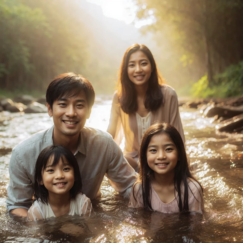 cinematic portrait Asian couple husband is kirean wife is Indian with their two twin daughter and don aged 3 and 3 with smiling faces facing the camera family portrait