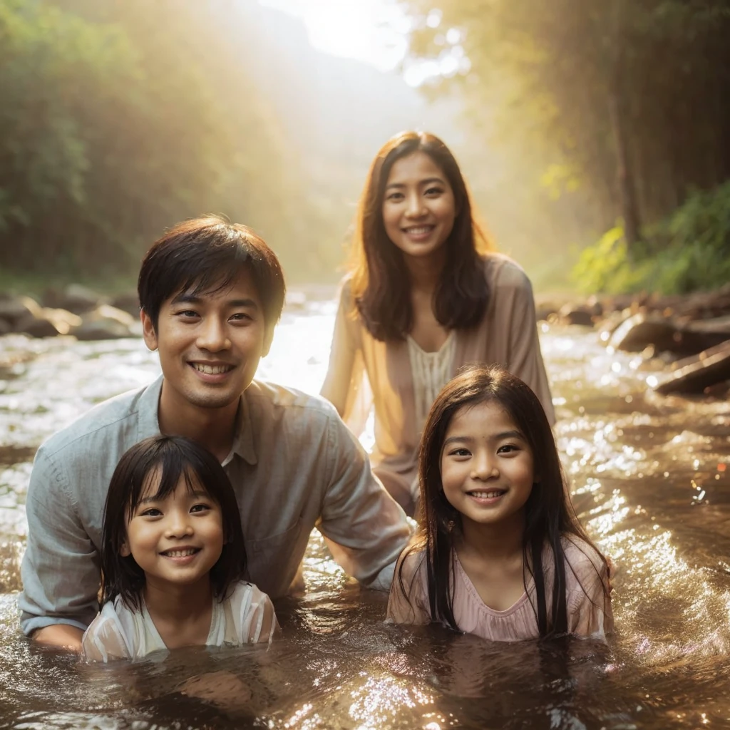cinematic portrait Asian couple husband is kirean wife is Indian with their two twin daughter and don aged 3 and 3 with smiling faces facing the camera family portrait