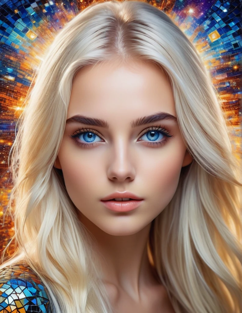 A stunning 25-year-old woman with long platinum blonde hair, Beautiful 25 yo girl, european, flawless masterpiece, UHD, hyperdetailed face, hyperdetailed eyes, glowing mosaic tile elements on her face, galaxy, 35mm digital photograph, sharp focus on eyes , ColorART, ultrarealistic hyperdetailed face,