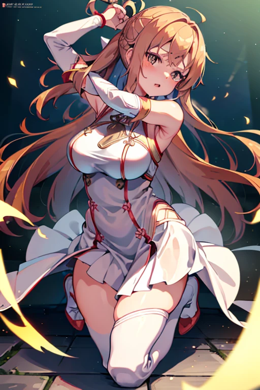 1girl, solo, asuna, large breasts, thighs, naked, (leotard:1.2), lying on bed, smiling, detailed hands