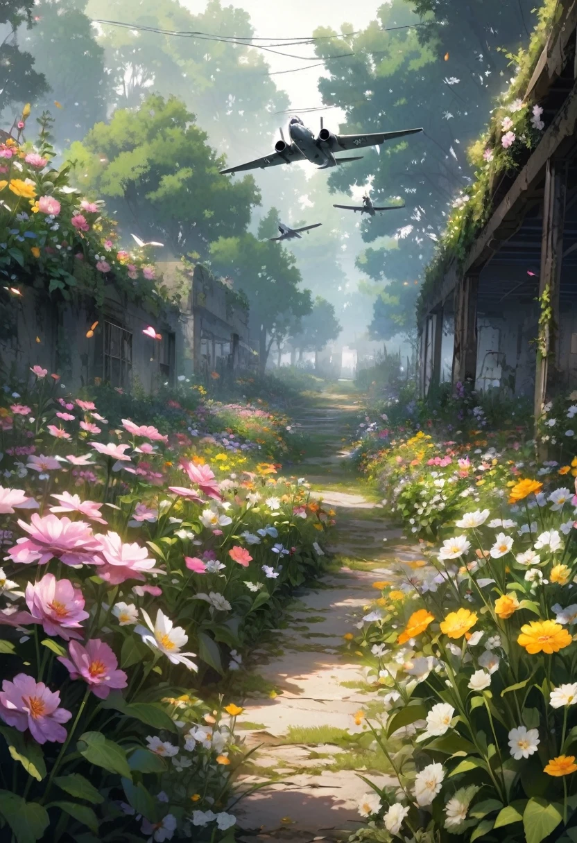 Fighter planes fly over Abandoned flower garden