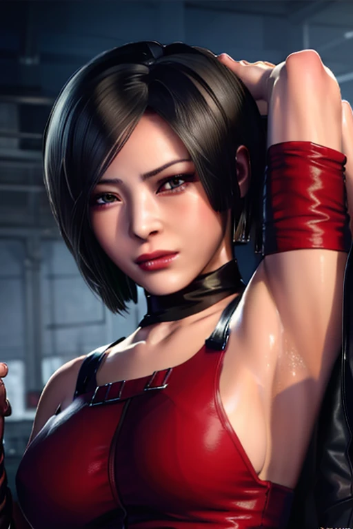 best quality,ultra-detailed,realistic:1.37,Ada Wong,perfectly symmetrical face,ultra-realistic texture,flawless body,detailed facial features,realistic lighting,serious expression,blush,mouth open,sits,arm behind head,armpits show,sexy armpits