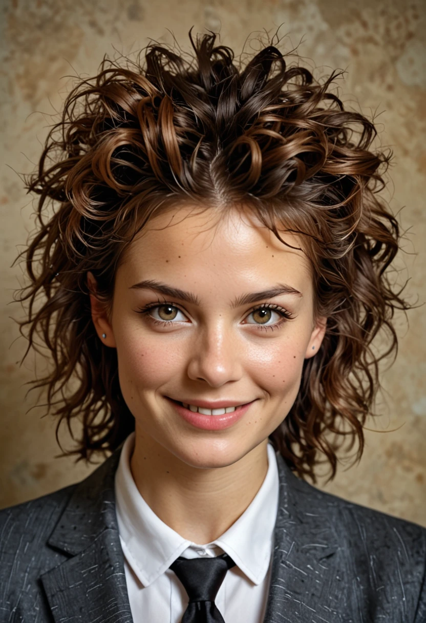 table top, highest quality, realistic, Super detailed, finely, High resolution, 8k wallpaper, 1 beautiful woman,, light brown messy hair, wearing a business suit, sharp focus, perfect dynamic composition, beautiful and detailed eyes, thin hair, Detailed realistic skin texture, smile, close-up portrait, model body shape