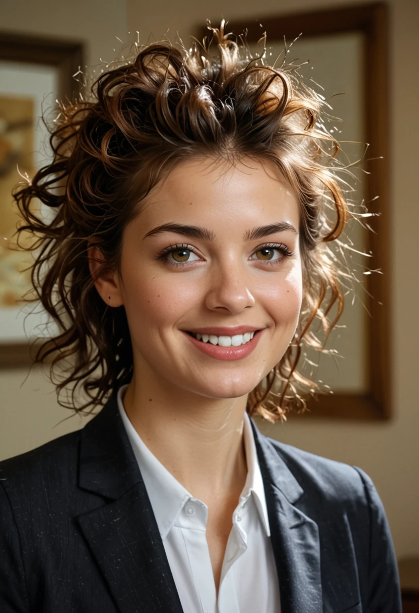 table top, highest quality, realistic, Super detailed, finely, High resolution, 8k wallpaper, 1 beautiful woman,, light brown messy hair, wearing a business suit, sharp focus, perfect dynamic composition, beautiful and detailed eyes, thin hair, Detailed realistic skin texture, smile, close-up portrait, model body shape