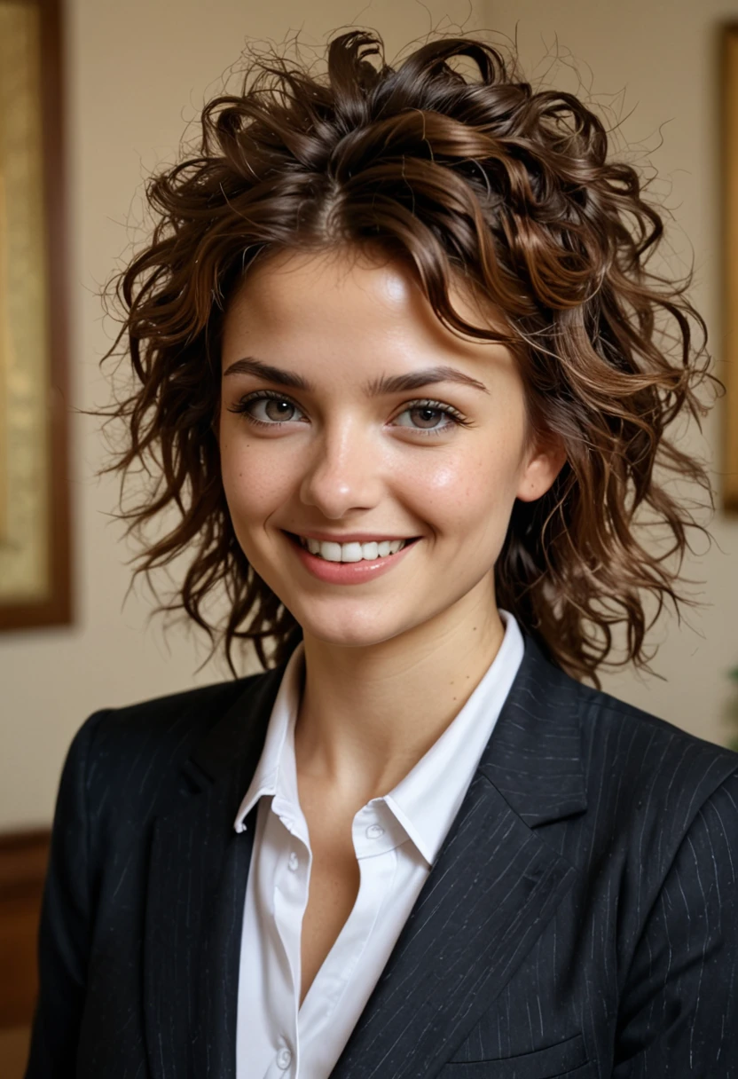 table top, highest quality, realistic, Super detailed, finely, High resolution, 8k wallpaper, 1 beautiful woman,, light brown messy hair, wearing a business suit, sharp focus, perfect dynamic composition, beautiful and detailed eyes, thin hair, Detailed realistic skin texture, smile, close-up portrait, model body shape