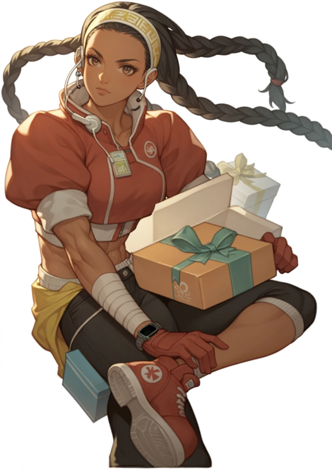score_9,score_8_superior,score_7_superior,score_6_superior, sauce_Anime Women, Kimberly Jackson, Dark Skin, Long black hair, Brown eyes, Braiding,Multicolored Hair, Puffy sleeves,Red gloves, Cropped Red Jacket, Toned Up, Low Leg, watch, Hip vents, earphone, Yellow hair band, Tight black pants, earphone, arm wrap, View your viewers, Severe,
Are standing, Hands on hips, outside, alley, city, at night, Gift box in hand、Gazing into the distance、Serious expression、serious