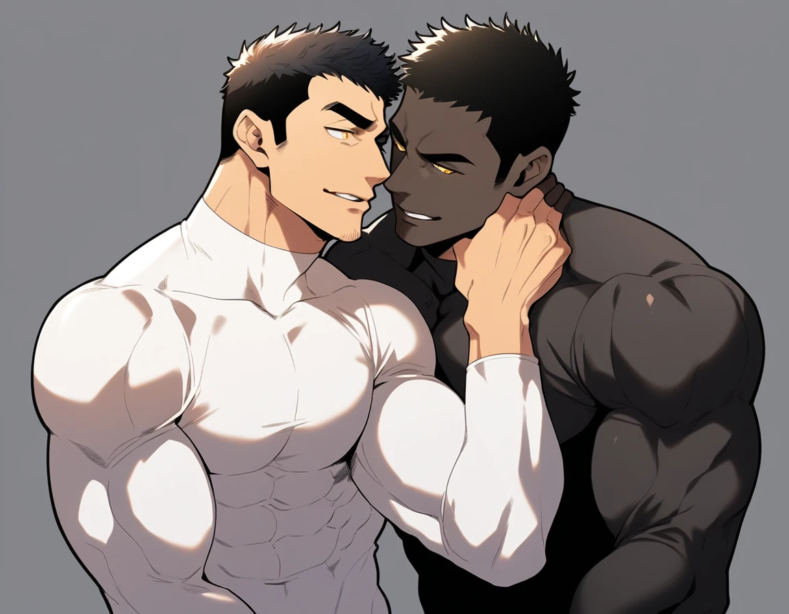 anime characters:Two superheroes in tights, Muscle superhero, negro black skin, They hugged and kissed each other, Bite your neck, Caress, Manliness, male focus, Yellow and black high collar long sleeve tight T-shirt, Slightly transparent material, Very tight, Round, full and perky chest muscles, Male dog waist, Slightly transparent, muscular male, muscular, only, Upper body, alone, Black short hair, Thick eyebrows, stubble, Yellow eyes, Grey background, simple background, amazing quality, best aesthetics, Ridiculous, bright pupils, crew cut, parted lips, seductive smile, torogao, naughty face, drop shadow, best quality