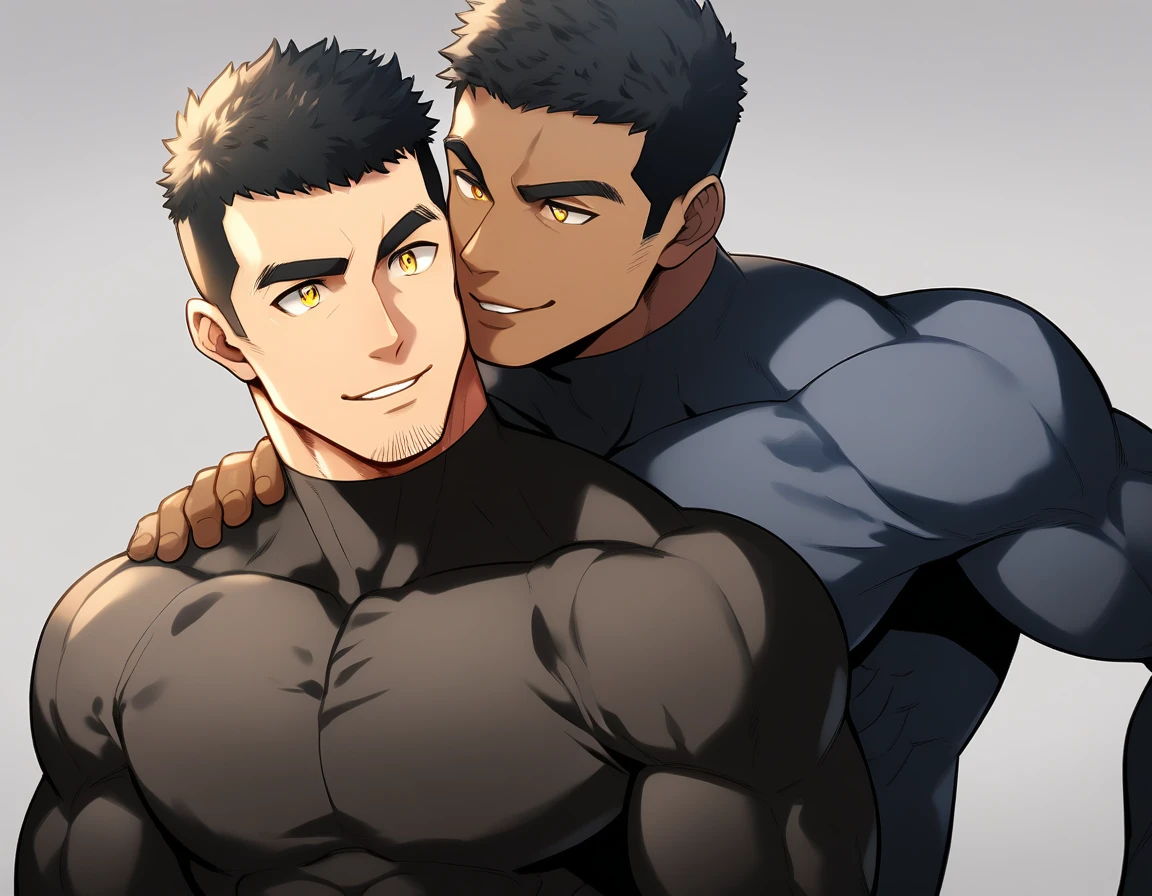 anime characters：Two superheroes in tights, Muscle superhero, negro black skin, They hugged and kissed each other, Bite your neck, Caress, Manliness, male focus, Yellow and black high collar long sleeve tight T-shirt, Slightly transparent material, Very tight, Round, full and perky chest muscles, Male dog waist, Slightly transparent, muscular male, muscular, only, Upper body, alone, Black short hair, Thick eyebrows, stubble, Yellow eyes, Grey background, simple background, amazing quality, best aesthetics, Ridiculous, bright pupils, crew cut, parted lips, seductive smile, torogao, naughty face, drop shadow, best quality