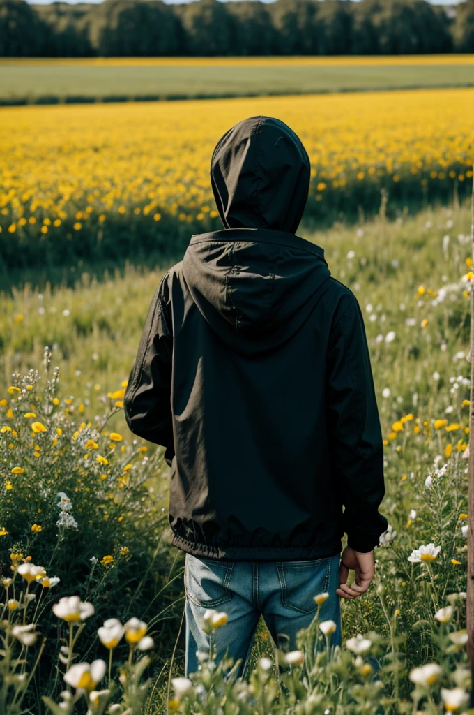 Boy from back in black hooded jacket in a field of flowers 