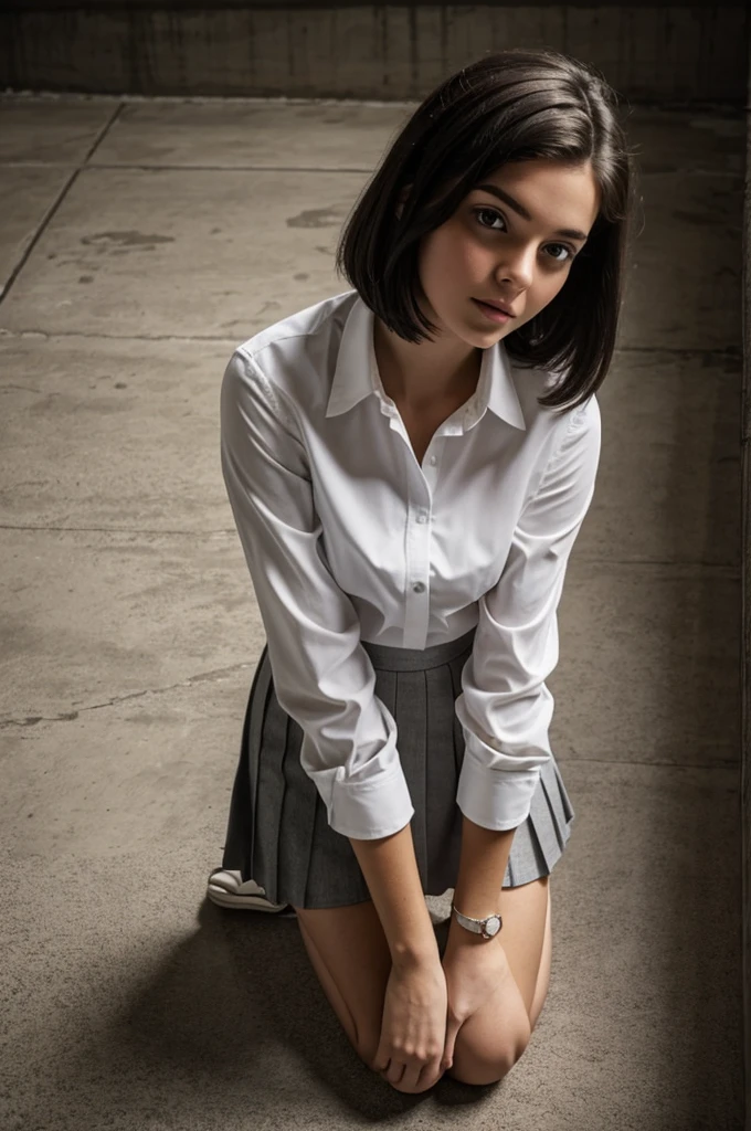 Photo from above of a pretty 18-year-old Caucasian woman with dark hair in a bob, in a concrete basement. She is wearing an unbuttoned white shirt, and a dark-gray pleated skirt. She is kneeling on the floor, looking defiant. She is looking up and forward toward the camera. Both her arms are hidden behind her back.
