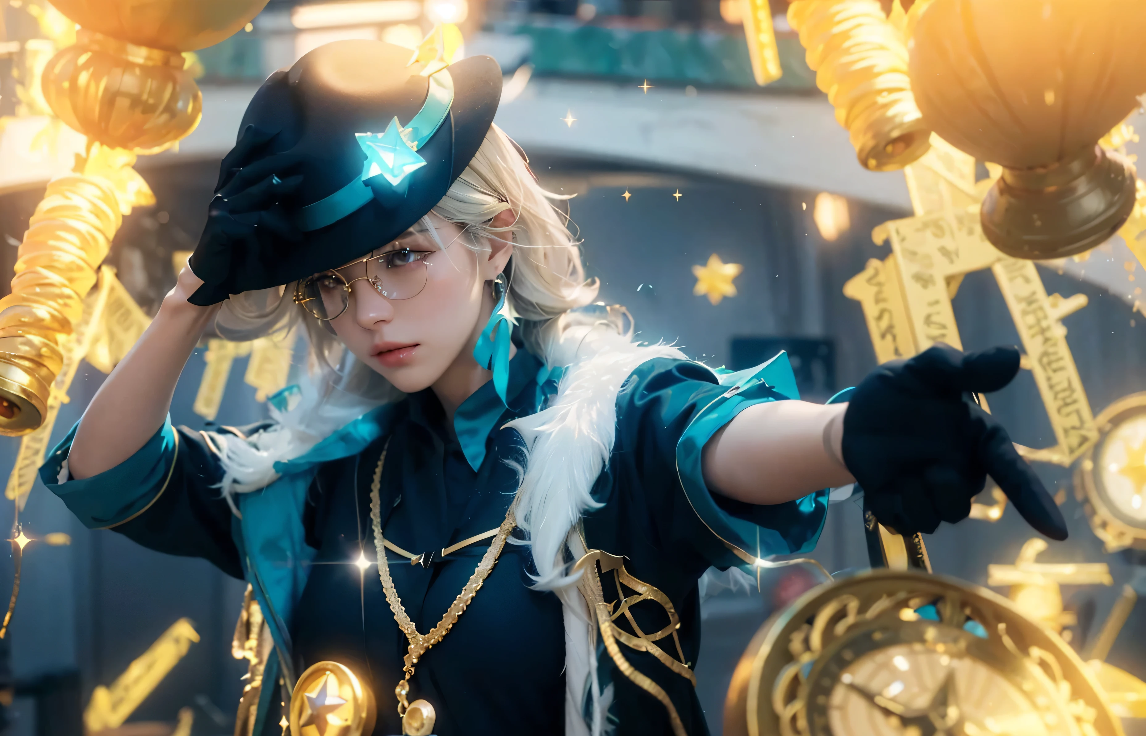((AVENTURINE_HONKAI STAR RAIL)),((realistic, photorealistic)),(highlight hair)), Light reflection, (( HD )),((upper body)), (((best quality, masterpiece))), (masterpiece) (best quality) (detail) (8k) (HDR) (wallpaper) (cinematic lighting) (sharp focuasterpiece, best quality: 1.1), Real life adaption of this character, Shining green eyes, realistic outfit, realistic shadow, realistic light, realism, hyper realistic, realistic background,Realistic hair, realistic hair at the back,(photorealistic:1.2), 1man,Holding a hat, Black gloves, blinks, falling gold coins, glow effect,wearing glasses, glow effect,