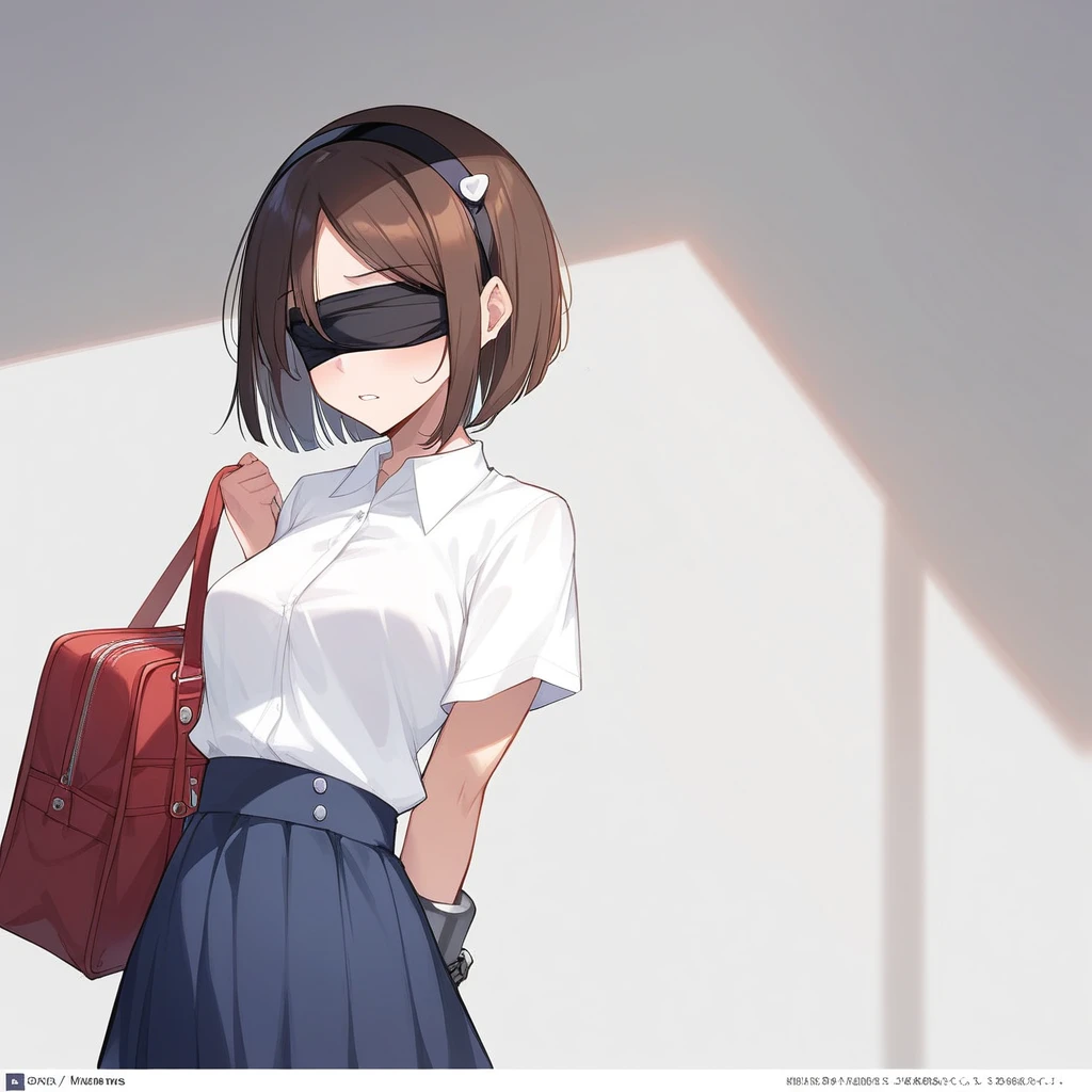 1girl((Dark brown hair、Two knots)、blindfold、hair band、Cotton shirt、skirt,White Silk Sexy Lingerie、,garter belt、Red School Bag、diminutive, height 1.3meters, 30kg,slim,shackles,restrained)